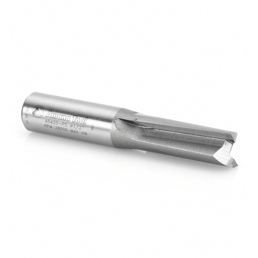 Amana Tool. 3°Production Shear Straight Plunge Router Bit | 2 Flute | 1⁄2 Dia x 1 1⁄4 x 1⁄2" Shank | 45420-PS