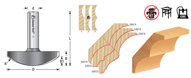 Amana Tool. Horizontal Crown Molding Router Bit | 1 3⁄4 Radius x 2 1⁄4 Dia x 5⁄8 x 1⁄2" Shank | 54414