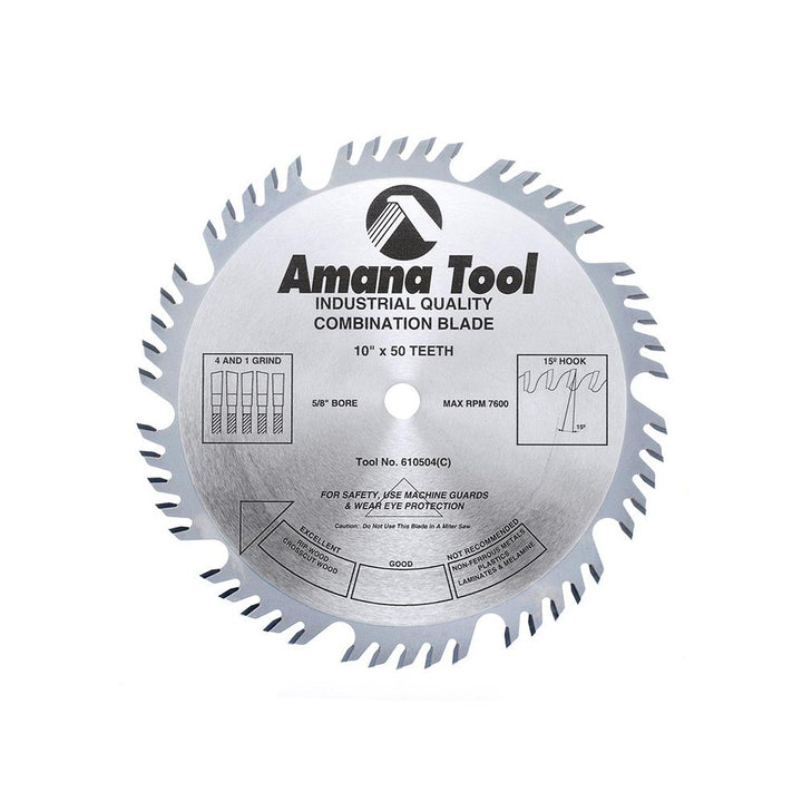 Amana Tool. Combination Ripping & Crosscut Blade - 10" Dia x 50T 4+1 15° - 5⁄8 Bore | 610504