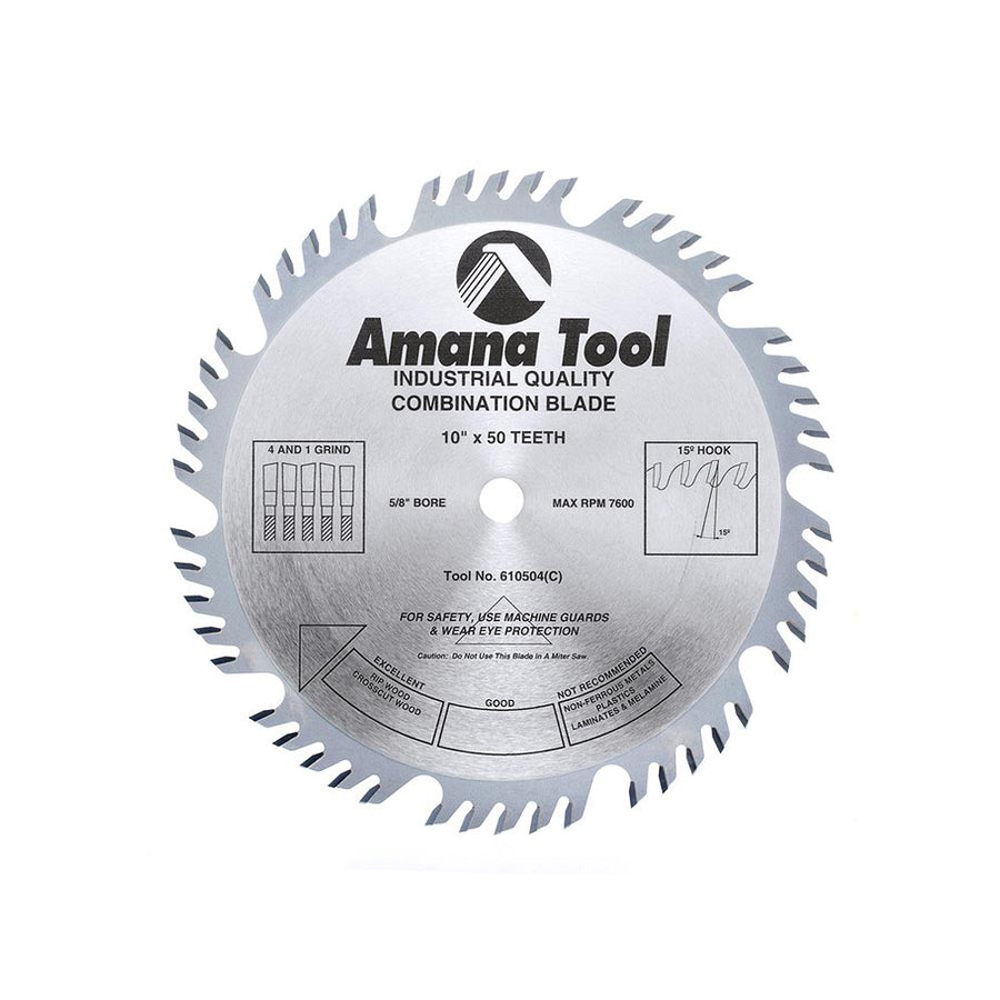 Amana Tool. Combination Ripping & Crosscut Blade - 10" Dia x 50T 4+1 15° - 5⁄8 Bore | 610504