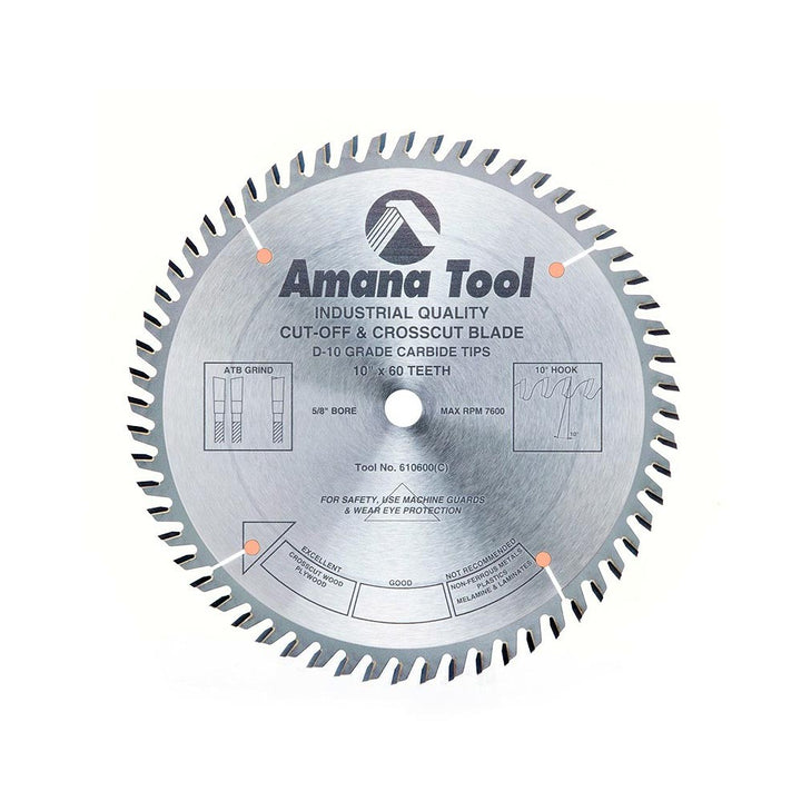 Amana Tool. Plywood⁄ Solid Wood⁄ Chipboard Cutting Blade - 10" Dia x 60T ATB 10° - 5⁄8 Bore | 610600