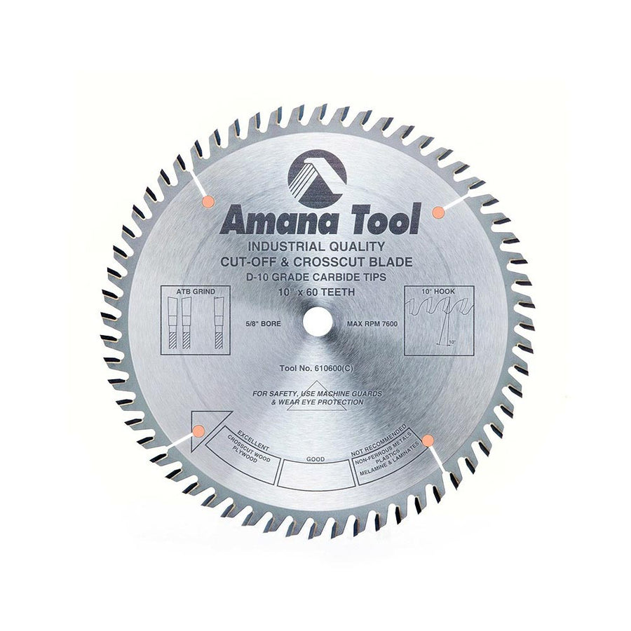 Amana Tool. Plywood⁄ Solid Wood⁄ Chipboard Cutting Blade - 10" Dia x 60T ATB 10° - 5⁄8 Bore | 610600