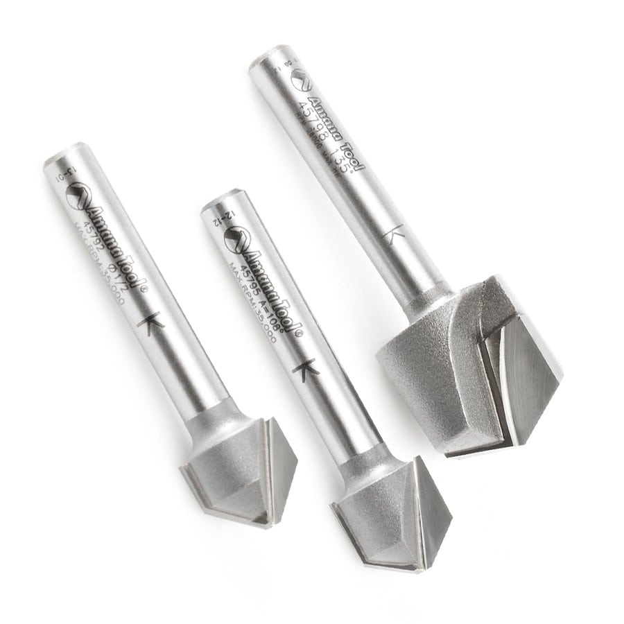 Amana Tool. 3 Piece Set Double Edge Folding 'V' Groove (ACM) Router Bit Set | 90, 108, 135°x 1⁄4" Shank | AMS-140