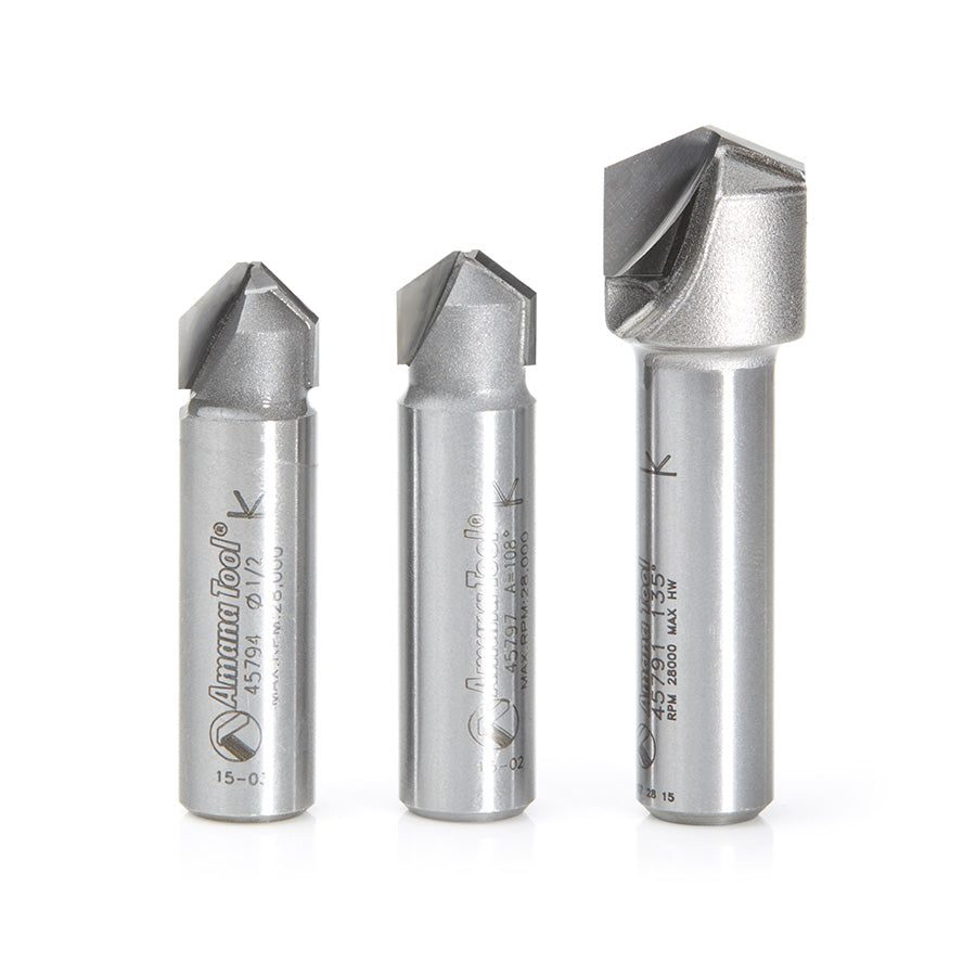 Amana Tool. 3 Piece Double Edge Folding 'V' Groove (ACM) Router Bit Set | 90, 108, 135°x 1⁄2" Shank | AMS-147