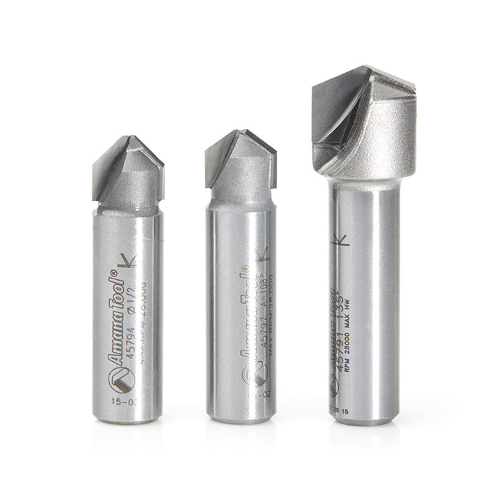Amana Tool. 3 Piece Double Edge Folding 'V' Groove (ACM) Router Bit Set | 90, 108, 135°x 1⁄2" Shank | AMS-147