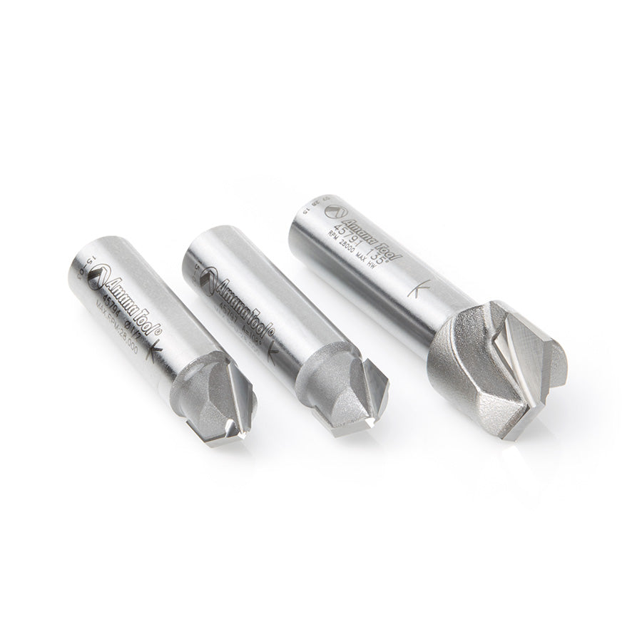 Amana Tool. 3 Piece Double Edge Folding 'V' Groove (ACM) Router Bit Set | 90, 108, 135°x 1⁄2" Shank | AMS-147