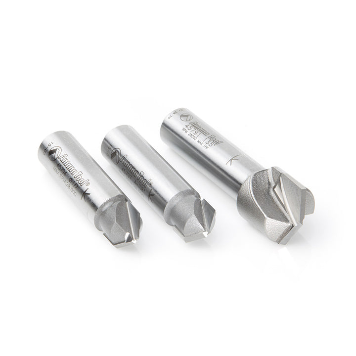 Amana Tool. 3 Piece Double Edge Folding 'V' Groove (ACM) Router Bit Set | 90, 108, 135°x 1⁄2" Shank | AMS-147