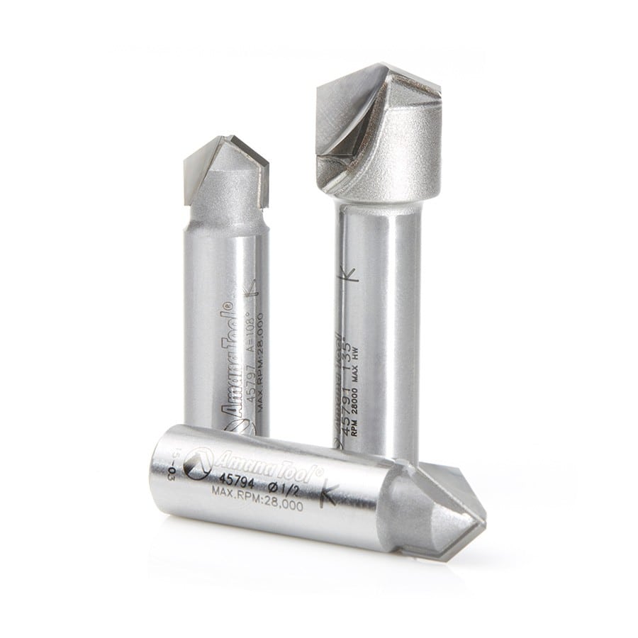 Amana Tool. 3 Piece Double Edge Folding 'V' Groove (ACM) Router Bit Set | 90, 108, 135°x 1⁄2" Shank | AMS-147