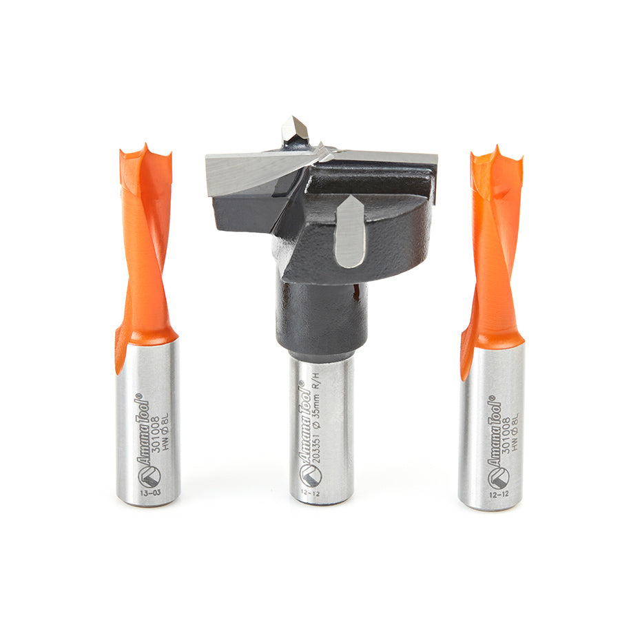 Amana Tool. 3 Piece Hinge Boring Bit Set - 57mm Long x 10mm Shank | HBM-102