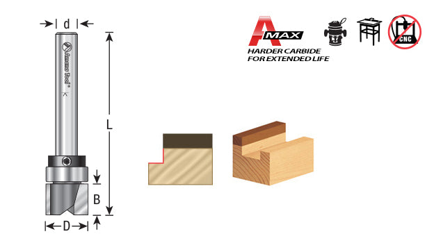 Amana Tool. Flush Trim Plunge Router Bit | 1⁄2 Dia x 3⁄8 x 1⁄4"Shank with Upper BB | 45481 