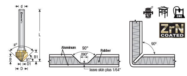 Amana Tool. Double Edge Folding V-Groove (ACM) Router Bit | 90°x 0.090 Tip x 1⁄2 Dia x 3⁄8 x 1⁄4" Shank | 45745 