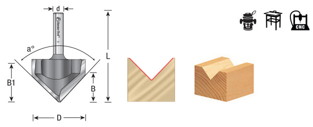 Amana Tool. V Groove Router Bit | 90°x 1 1⁄4 Dia x 15⁄16 x 1⁄4" Shank | 45751 