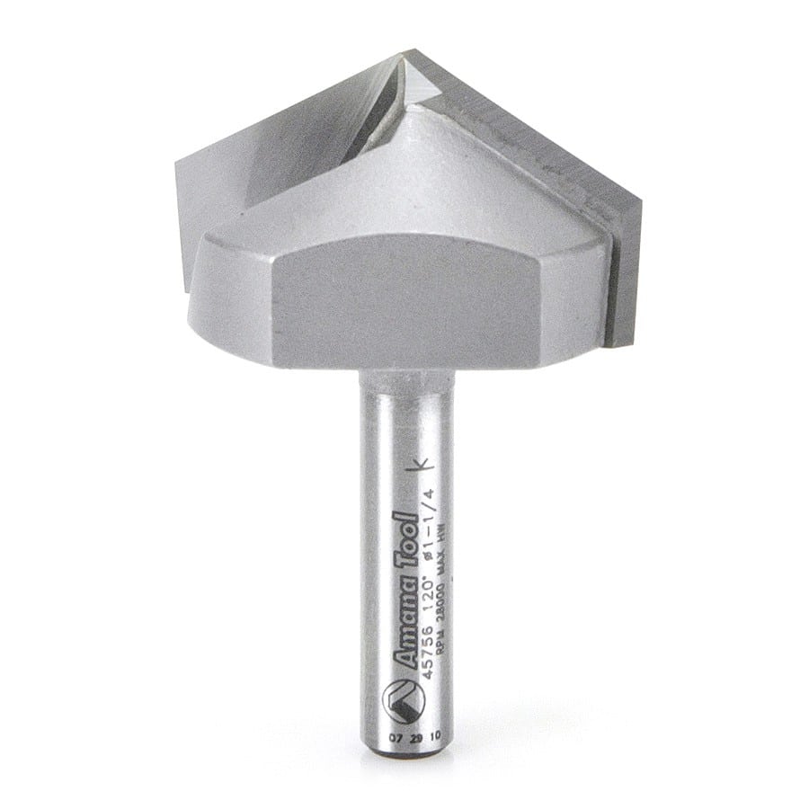 Amana Tool. V Groove Router Bit | 120°x 1 1⁄4 Dia x 21⁄32 x 1⁄4" Shank | 45756 