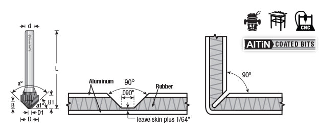 Amana Tool. Double Edge Folding 'V' Groove (TCM) Router Bit | 90°x 0.090 Tip x 1⁄2 Dia x 3⁄8 x 1⁄4" Shank | 45762 