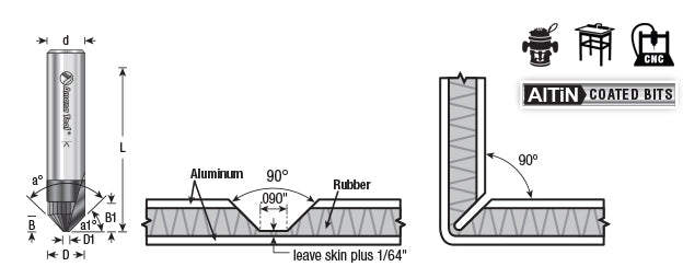 Amana Tool. Double Edge Folding 'V' Groove (TCM) Router Bit | 90°x 0.090 Tip x 3⁄8 x 1⁄2 Dia x 1⁄2" Shank | 45778 