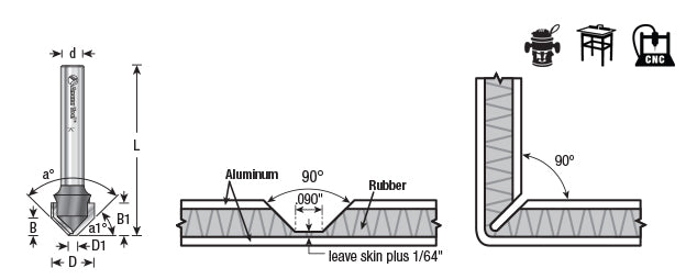 Amana Tool. Double Edge Folding 'V' Groove (ACM) Router Bit | 90°x 0.090 Tip x 1⁄2 Dia x 3⁄8 x 1⁄4" Shank | 45792 