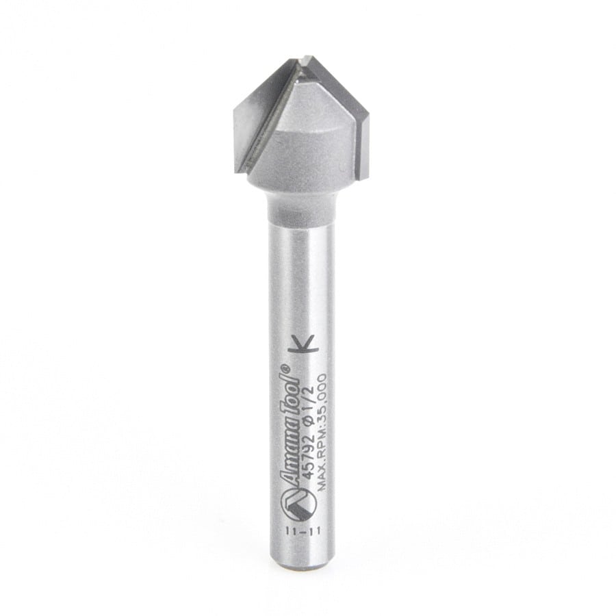 Amana Tool. Double Edge Folding 'V' Groove (ACM) Router Bit | 90°x 0.090 Tip x 1⁄2 Dia x 3⁄8 x 1⁄4" Shank | 45792 