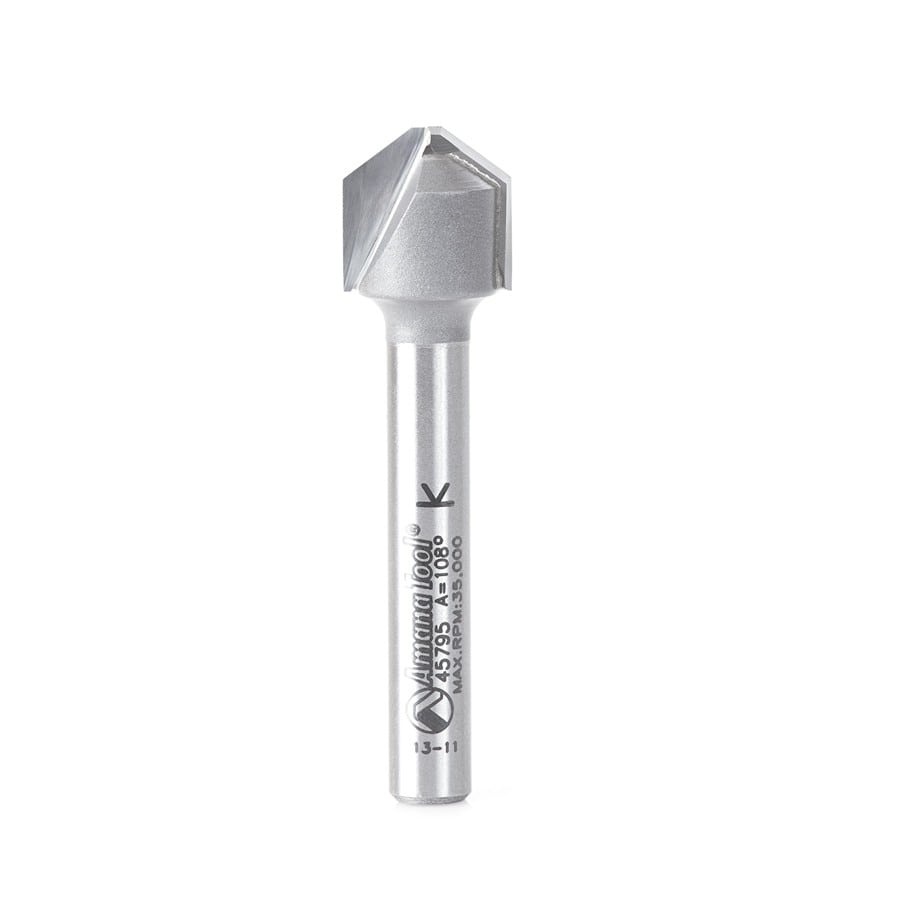 Amana Tool. Double Edge Folding 'V' Groove (ACM) Router Bit | 108°x 0.090 Tip x 3⁄8 x 1⁄2 Dia x 1⁄4" Shank | 45795 