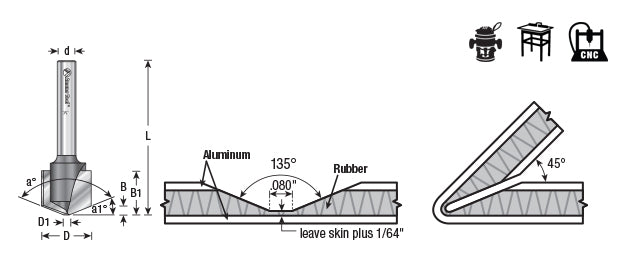 Amana Tool. Double Edge Folding 'V' Groove (ACM) Router Bit | 22.5°x 0.080 Tip x 3⁄4 Dia x 1⁄2 x 1⁄4" Shank | 45798 