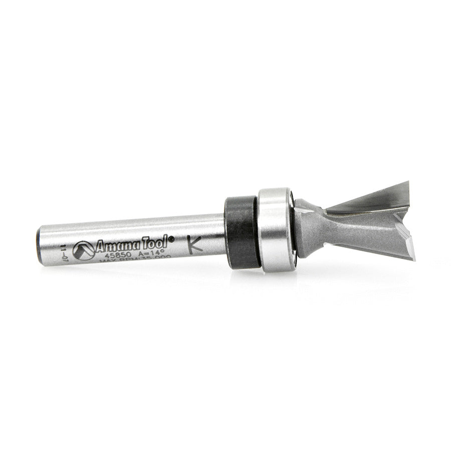 Amana Tool. Dovetail Router Bit | 14°x 1⁄2 Dia x 1⁄2 x 1⁄4" Shank with Upper BB | 45850 