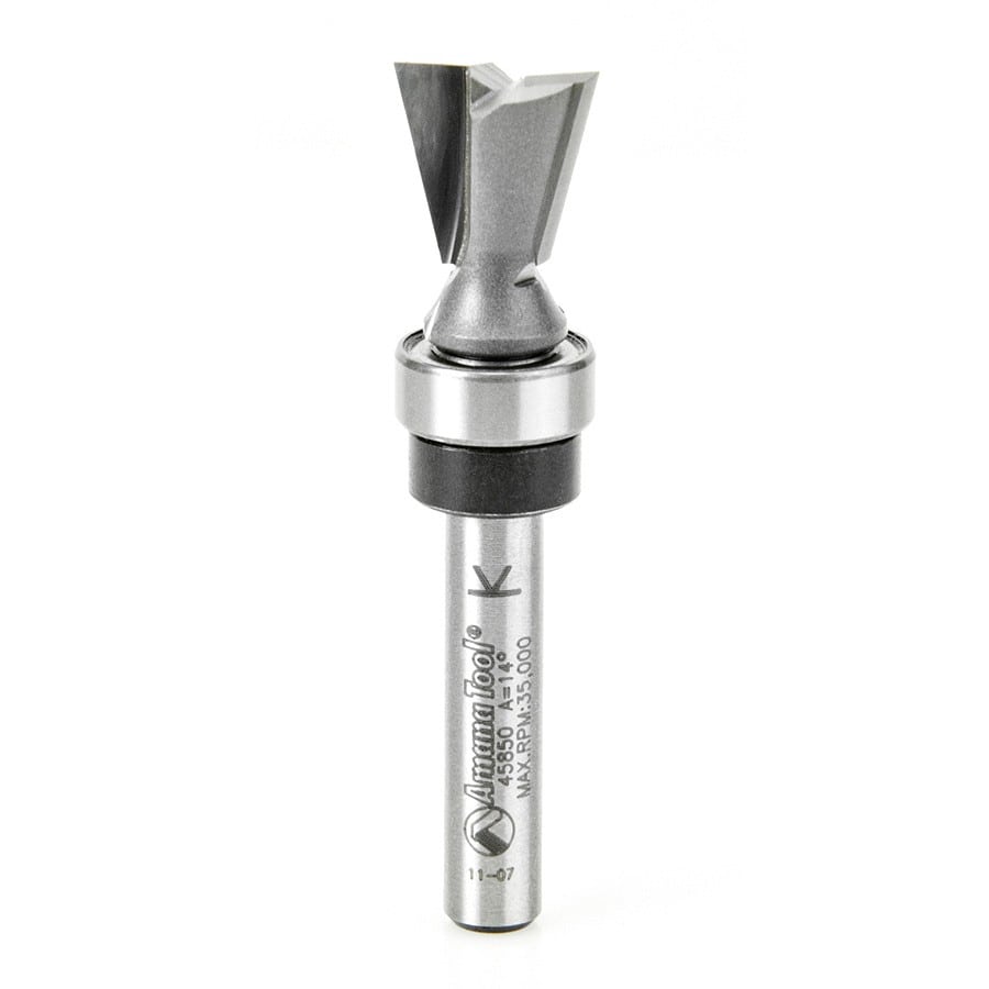 Amana Tool. Dovetail Router Bit | 14°x 1⁄2 Dia x 1⁄2 x 1⁄4" Shank with Upper BB | 45850 