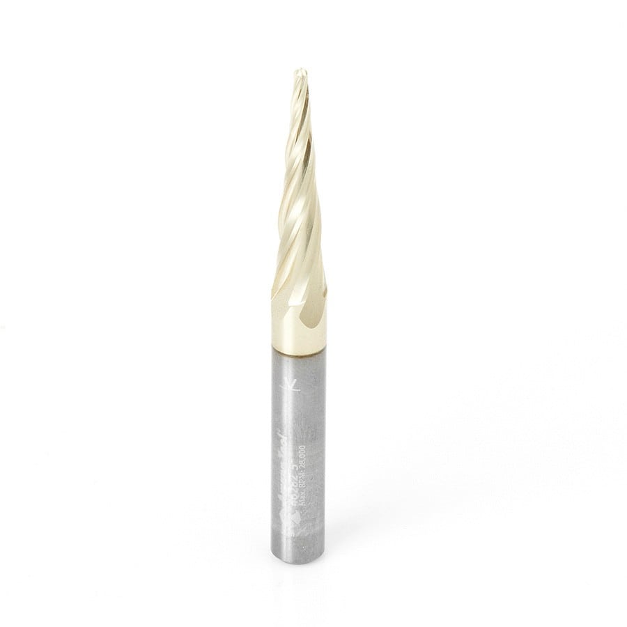 Amana Tool. Carving Tapered Ball Nose CNC Router Bit | 5.4° x 1⁄16 Dia x 1⁄32 Radius x 1 x 1⁄4 Shank x 3" Long | 46282 