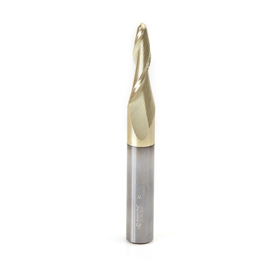 Amana Tool. Carving Tapered Ball Nose CNC Router Bit | 5° x 1⁄4 Dia x 1⁄8 Radius x 1 3⁄8 x 1⁄2 Shank x 4" Long | 46285 