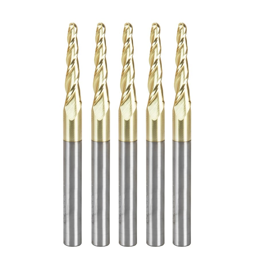 Amana Tool. Carving Tapered Ball Nose CNC Router Bit | 3.6° x 1⁄8 Dia x 1⁄16 Radius x 1 x 1⁄4 Shank x 3" Long | 46286-5 Units 