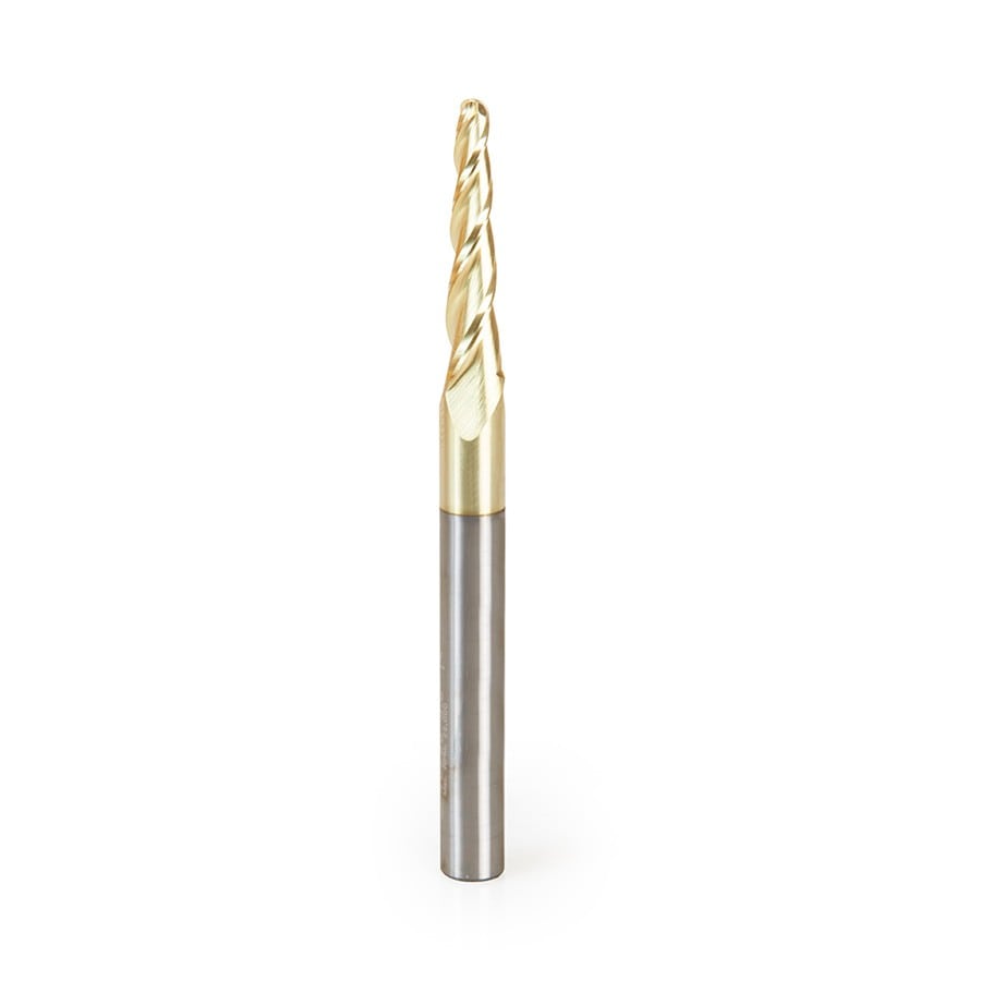 Amana Tool. Carving Tapered Ball Nose CNC Router Bit | 3.6° x 1⁄8 Dia x 1⁄16 Radius x 1 x 1⁄4 Shank x 3" Long | 46286 