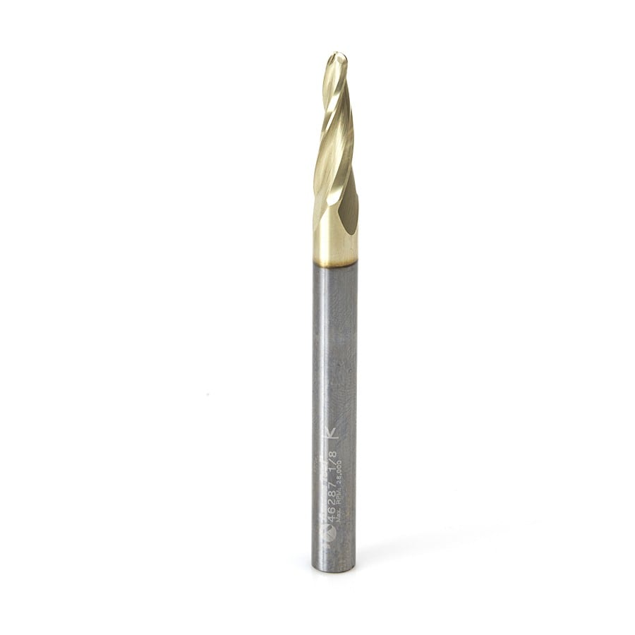 Amana Tool. Carving Tapered Ball Nose CNC Router Bit | 5° x 1⁄8 Dia x 1⁄16 Radius x 3⁄4 x 1⁄4 Shank x 3" Long | 46287 