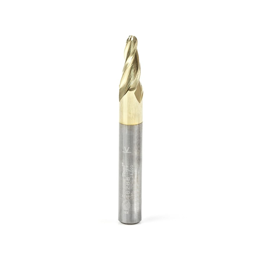 Amana Tool. Carving Tapered Ball Nose CNC Router Bit | 7° x 1⁄8 Dia x 1⁄16 Radius x 1⁄2 x 1⁄4 Shank x 3" Long | 46288 