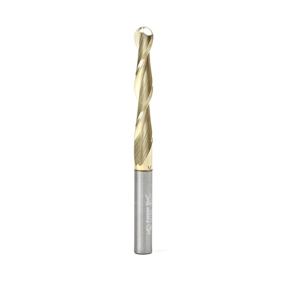 Amana Tool. Carving Straight Ball Nose CNC Router Bit | 0.10° x 1⁄4 Dia x 1⁄8 Radius x 1 1⁄2 x 1⁄4 Shank x 3" Long | 46294