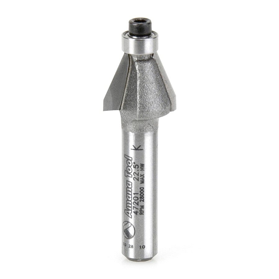 Amana Tool. Bevel Trim Router Bit | 22°x 1⁄2 Dia x 3⁄8 x 1⁄4" Shank with BB | 47201 