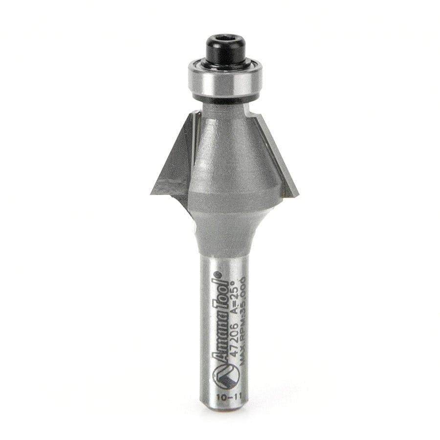 Amana Tool. Bevel Trim Router Bit | 25°x 3⁄4 Dia x 7⁄16 x 1⁄4" Shank with BB | 47206 