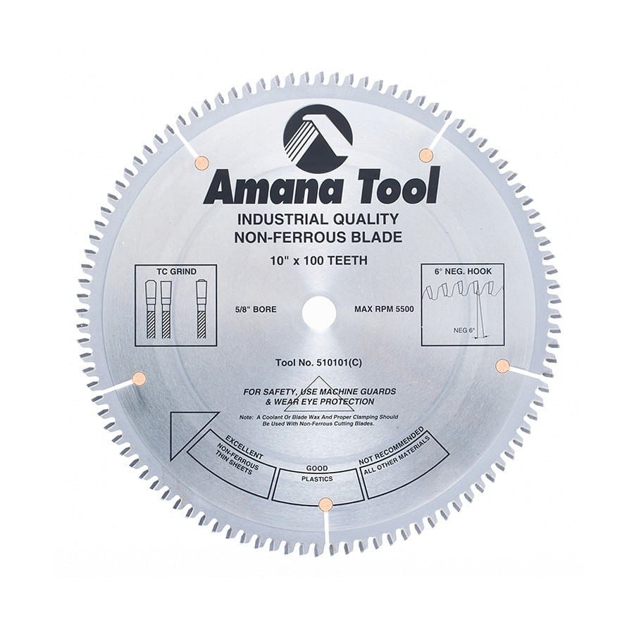 Amana Tool. Thin Aluminum Non-Ferrous Metal Cutting Blade - 10" Dia x 100T TCG - 6° - 5⁄8 Bore | 510101