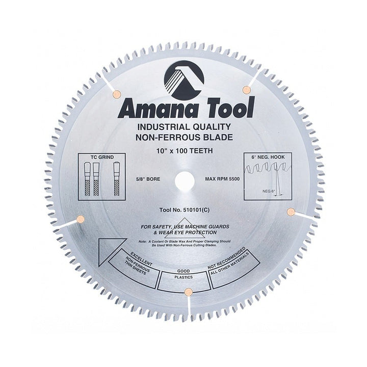 Amana Tool. Thin Aluminum Non-Ferrous Metal Cutting Blade - 10" Dia x 100T TCG - 6° - 5⁄8 Bore | 510101