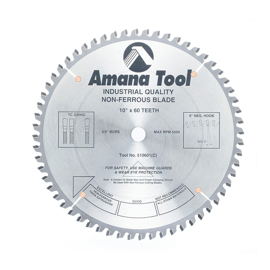 Amana Tool. Thick Aluminum Non-Ferrous Metal Cutting Blade - 10" Dia x 60T TCG - 6° - 5⁄8 Bore | 510601 