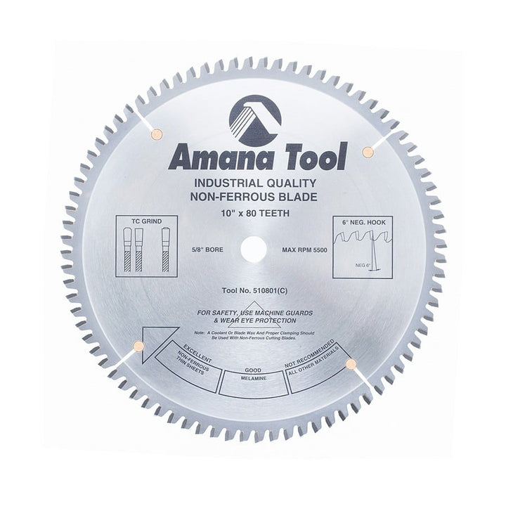 Amana Tool. Thin Aluminum Non-Ferrous Metal Cutting Blade - 10" Dia x 80T TCG - 6° | 510801 