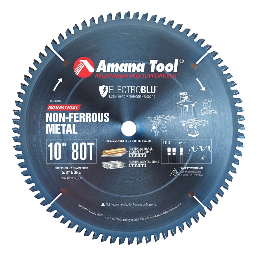 Amana Tool. Thin Aluminum Non-Ferrous Metal Cutting Blade - Electro-Blu - 10" Dia x 80T TCG - 6° - 5⁄8 Bore | 510801C 