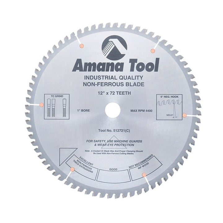 Amana Tool. Thick Aluminum Non-Ferrous Metal Cutting Blade - 12" Dia x 72T TCG - 6° - 30mm Bore | 512721-30 