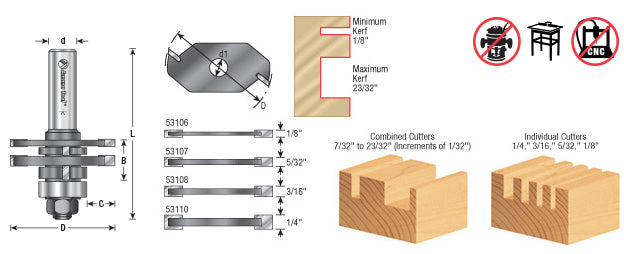 Amana Tool. Quadraset Adjustable Slotting Assembly Router Bit Set | 1 7⁄8 Dia x 1⁄8-23⁄32 x 1⁄2" Shank | 53600 