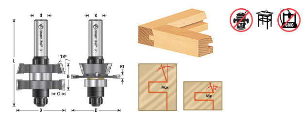 Amana Tool. Straight with Bevel In-Stile & Rail Router Bit Set | 1 7⁄8 Dia x 13⁄64 to 1⁄2 x 18°x 1⁄2" Shank | 55432 