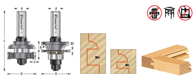 Amana Tool. Concave In-Stile & Rail Router Bit Set | 1 5⁄8 Dia x 13⁄64 to 1⁄2 x 1⁄2 Radius x 1⁄2" Shank Set | 55433 