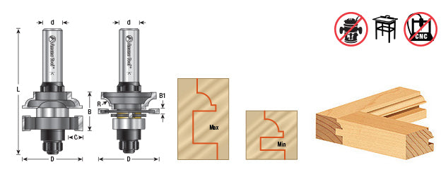 Amana Tool. Bead In-Stile & Rail Router Bit Set | 1 5⁄8 Dia x 13⁄64 to 1⁄2 x 3⁄16 Radius x 1⁄2" Shank | 55437