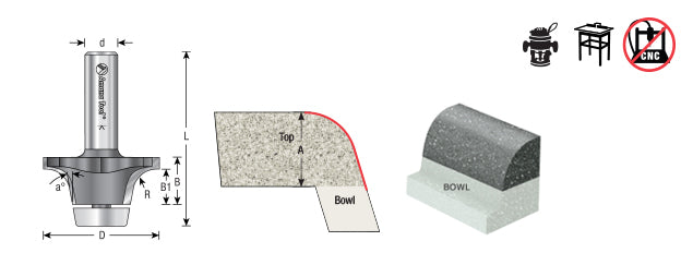 Amana Tool. Undermount Bowl Router Bit | Corian 17°x 2 1⁄8 Dia x 1 x 1⁄2" Shank | 57160 