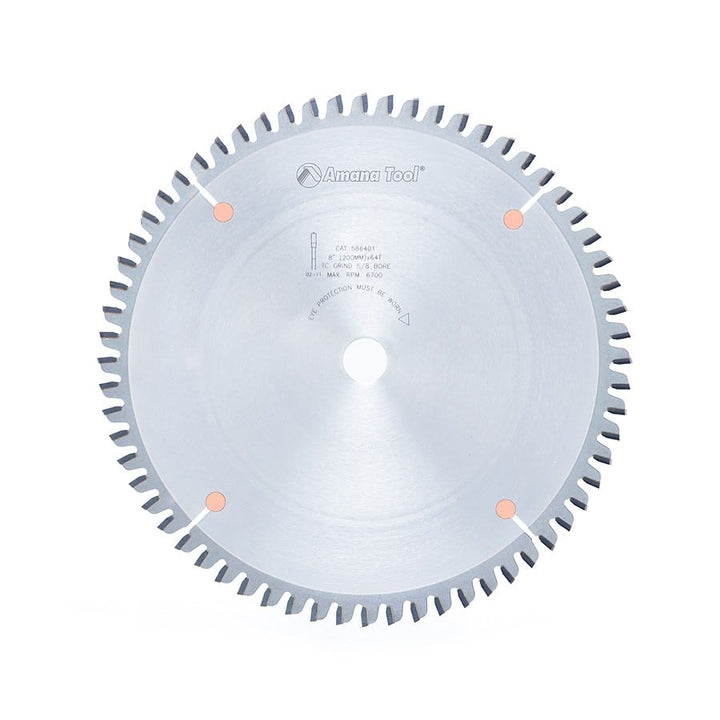 Amana Tool. Thin Aluminum Non-Ferrous Metal Cutting Blade - 8" Dia x 64T TCG - 6° - 5⁄8 Bore | 586401 