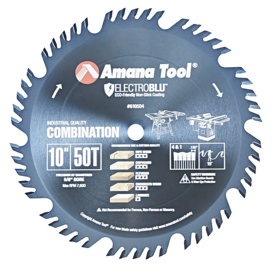 Amana Tool. Combination Ripping & Crosscut Blade Electro-Blu - 10" Dia x 50T 4+1, 15° - 5⁄8 Bore | 610504C 