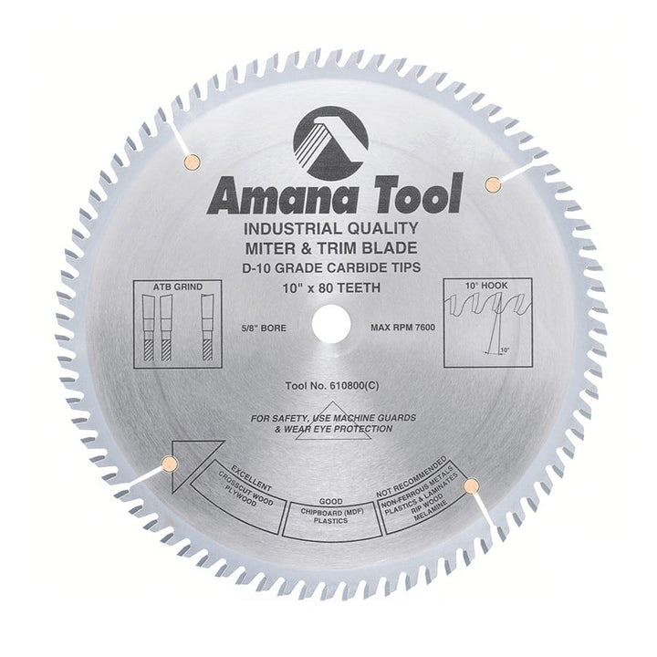 Amana Tool. Plywood⁄ Solid Wood⁄ Chipboard Cutting - 10" Dia x 80T ATB, 10° - 5⁄8 Bore | 610800 