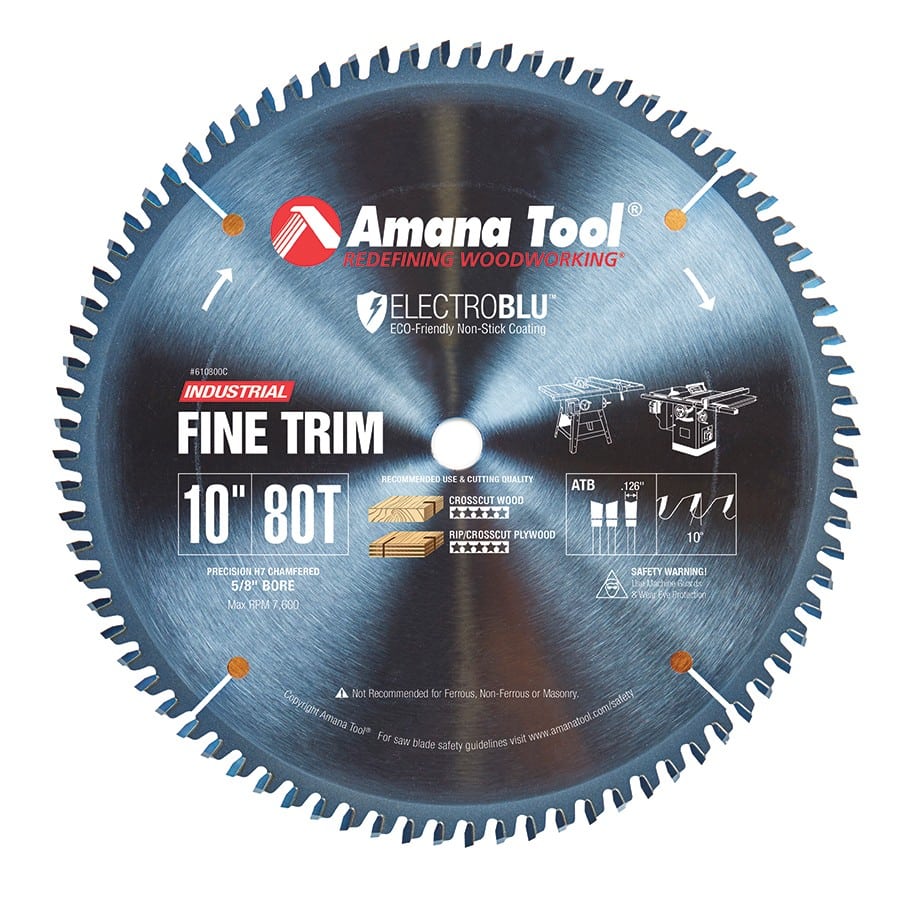 Amana Tool. Plywood⁄ Solid Wood⁄ Chipboard Cutting Electro-Blu - 10" Dia x 80T ATB, 10° - 5⁄8 Bore | 610800C 