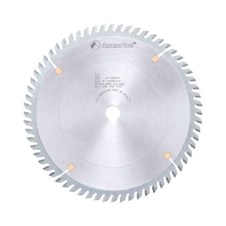 Amana Tool. Plywood⁄ Solid Wood⁄ Chipboard Cutting - 8" Dia x 64T ATB, 10° - 5⁄8 Bore | 686400 